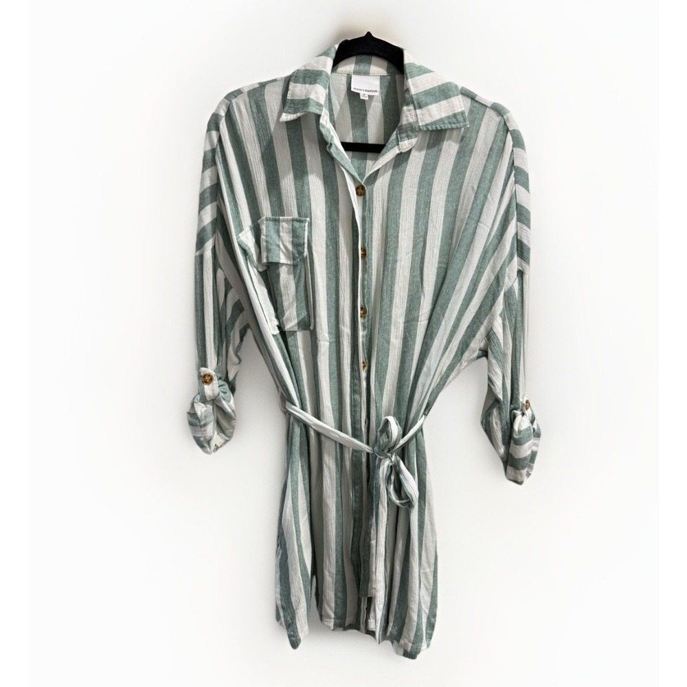Preppy Skylar + Madison Sz M Dress Green Vertical Stripe Belted Button Front